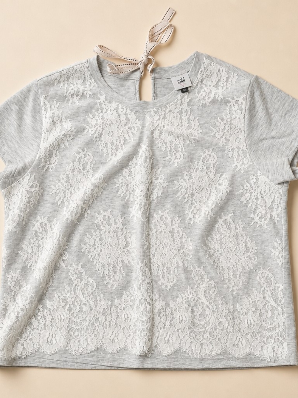 Cabi Gray Lace-Appliqué Short Sleeve Top